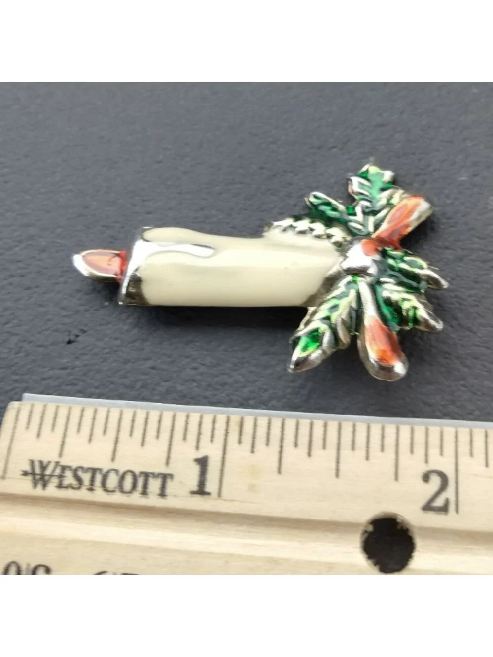 Christmas Candle Pin Brooch Vintage Holiday Jewelry Pine Bow Ribbon Metal Enamel